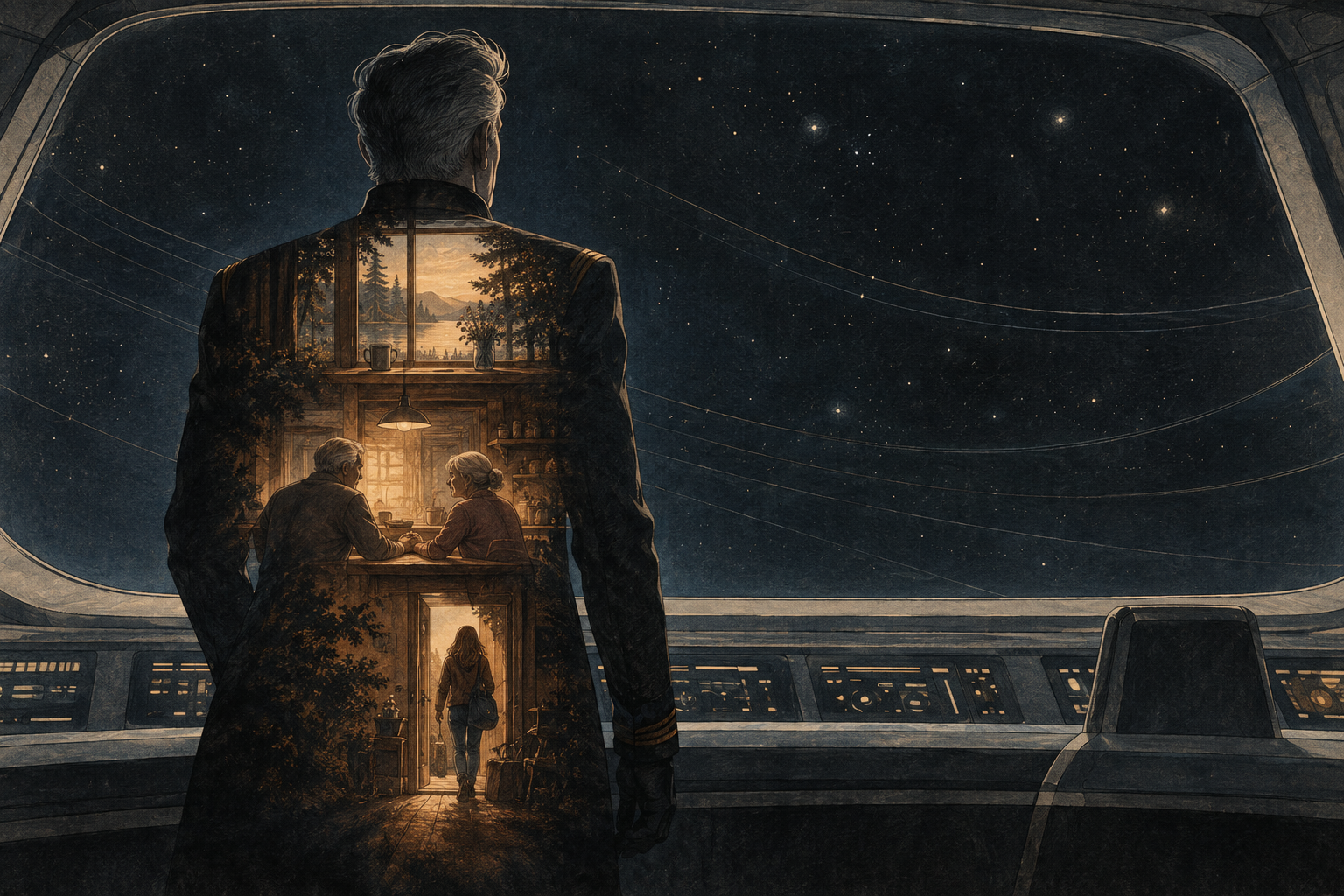 A captain faces a starship window. Inside his silhouette, warm scenes show a cabin, an older couple at a table, and a daughter leaving home.