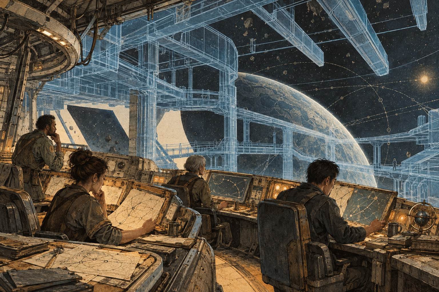 Four crew members work at worn navigation consoles while the pale blue outlines of a replacement starship structure rise around them.