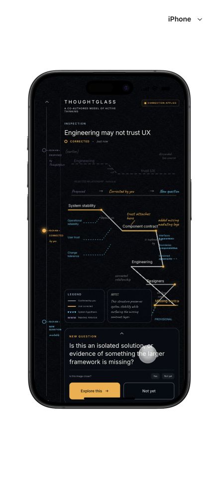 ThoughtGlass’s corrected graph connects system stability, a component contract, engineering, and designers; the rejected reading remains above it.